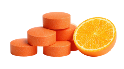  Orange Effervescent Vitamin C Tablets Isolated on Transparent Background