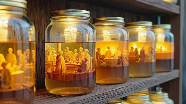cinematic close-up of vintage glass jars wooden shelves, jar food glowing scenes historical eras Victorian tea, Roman feast, 1950s diner memories dust particles air. dolly shelf, shallow depth