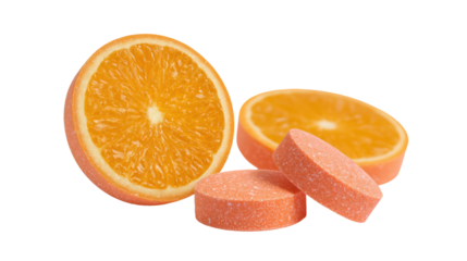  Orange Effervescent Vitamin C Tablets Isolated on Transparent Background