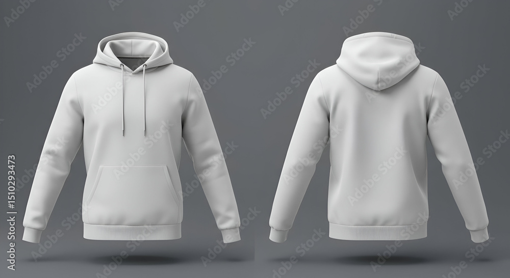 Poster Blank white hoodie mockup displayed in front of a gray backdrop. Front and back views of the garment showcasing its simple design and versatility.