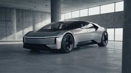 Sleek silver electric sports car transport with aerodynamic design, large black wheels, and tinted windows parked in a spacious concrete garage, showcasing innovation and modern automotive technology.