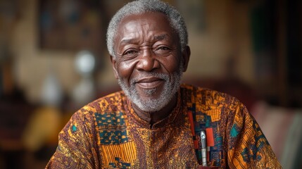 Obraz premium Smiling senior man in traditional patterned shirt, home portrait