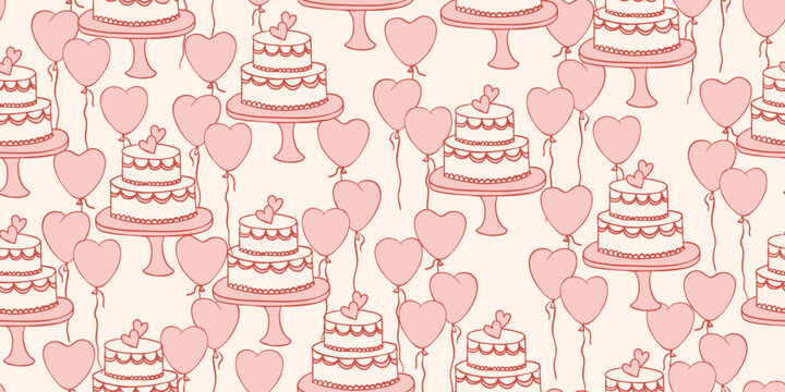 seamless pattern with wedding cake and ballons, coquette elements for Valentines day, romantic cector background