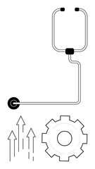 Stethoscope connecting to gear with upward arrows symbolizing progress, innovation, and health. Ideal for healthcare, technology, growth, diagnostics, learning, innovation simple landing page