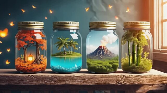 Whimsical macro view of glass jars rustic wooden jar living miniature world tiny forests, oceans waves, mountain weather. fireflies glow inside. Soft natural lighting gentle tilt camera effect