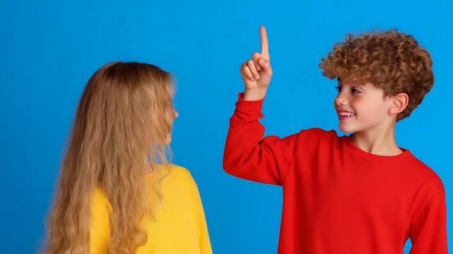 Happy Children Studio Portrait:  Smiling Boy and Girl on Blue Background