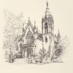 Fototapeta premium A Pen-and-Ink Sketch Depicts an Ornate Gothic Church
