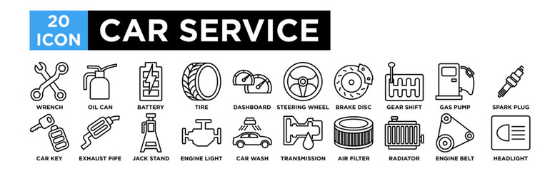 car service icon collection set. Wrench, Oil Can, Battery, Tire, Dashboard