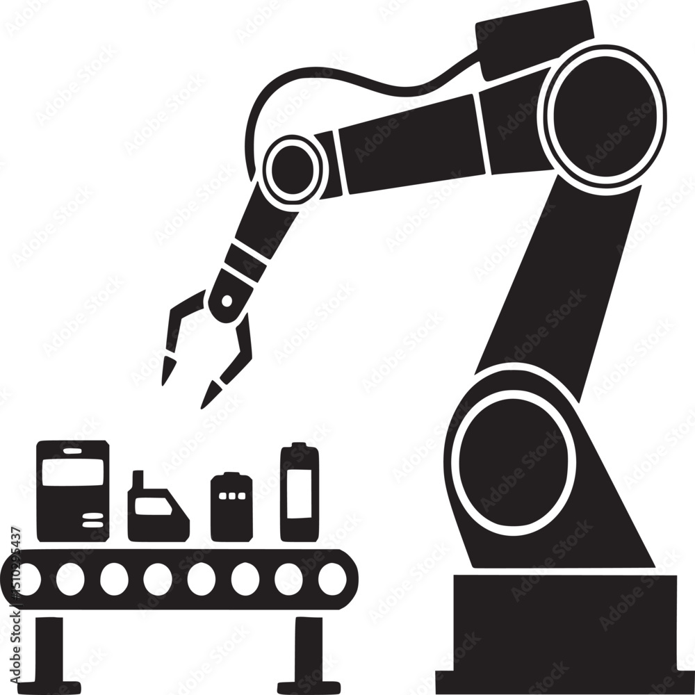 Poster robotic arm picking up objects from a conveyor belt in black and white