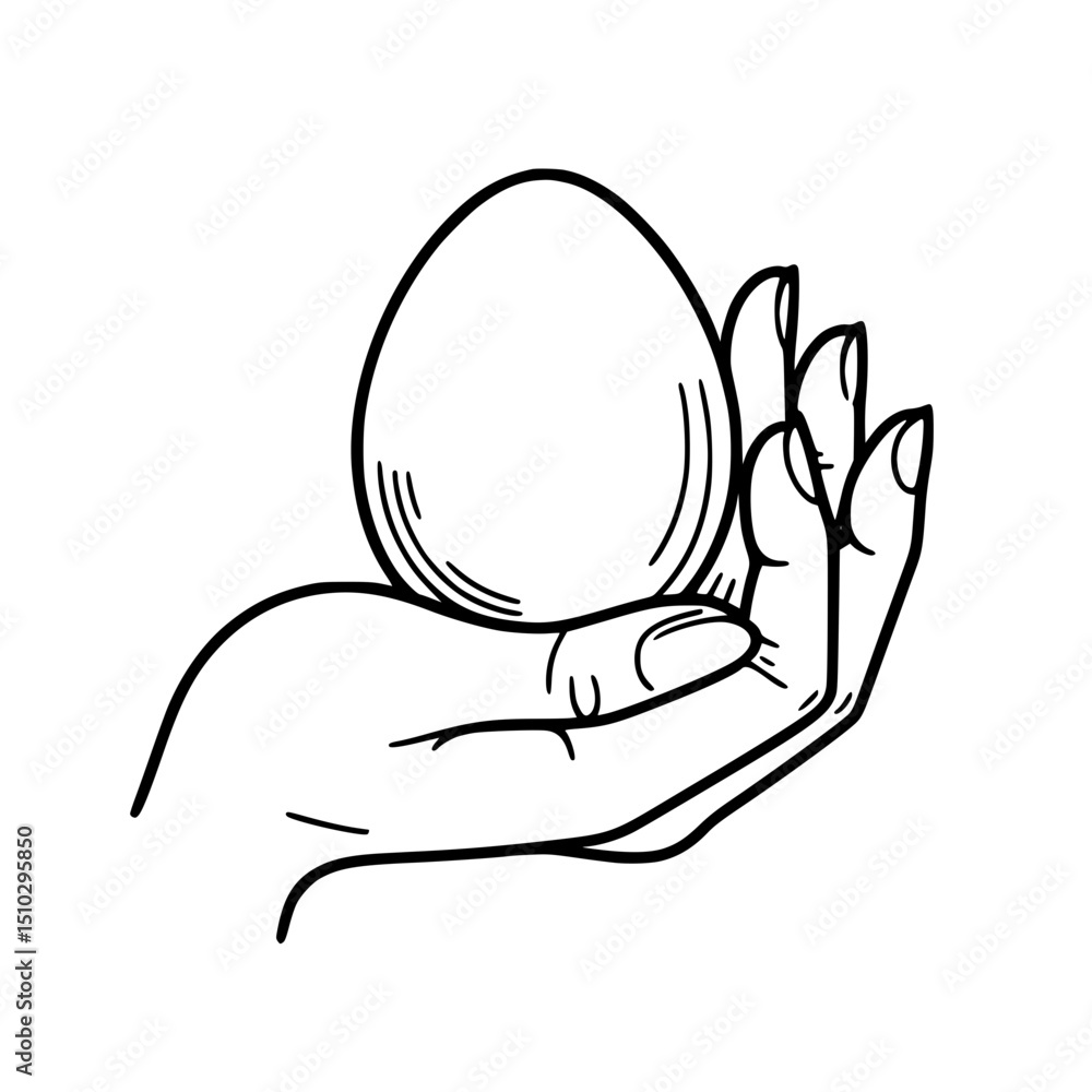 Poster hand holding an egg in a simple line art style concept of single line outline vector
