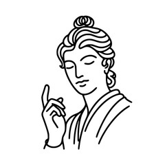 Fototapeta premium Line art illustration of a serene figure with raised finger gesture, single line outline vector 