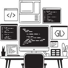 Illustration of a desk with multiple screens displaying code snippets
