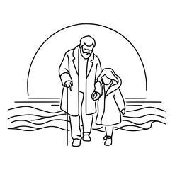 Elderly man walking with child by the sea at sunset in outline style , single line outline vector 