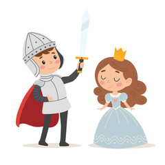 Cute cartoon prince and princess with sword and shield. Knight protector.  Vector illustration in children's style on white background © Jevgeniya Mukhitova