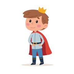 Cute little cartoon prince. Little boy wearing prince costume and feel happy. Children's illustration on a white background