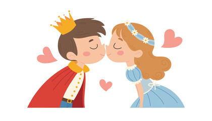 Cute princess and prince reach out to each other for a kiss. Shyness,first love. Children vector illustration on white background