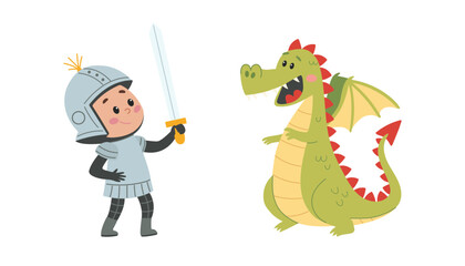Cute Little Knight with Sword and Dragon Vector Illustration Set. Vector illustration in children's style on white background