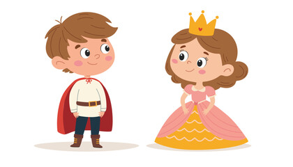 Cute little boy and girl in princess costume. Vector illustration in children's style on white background
