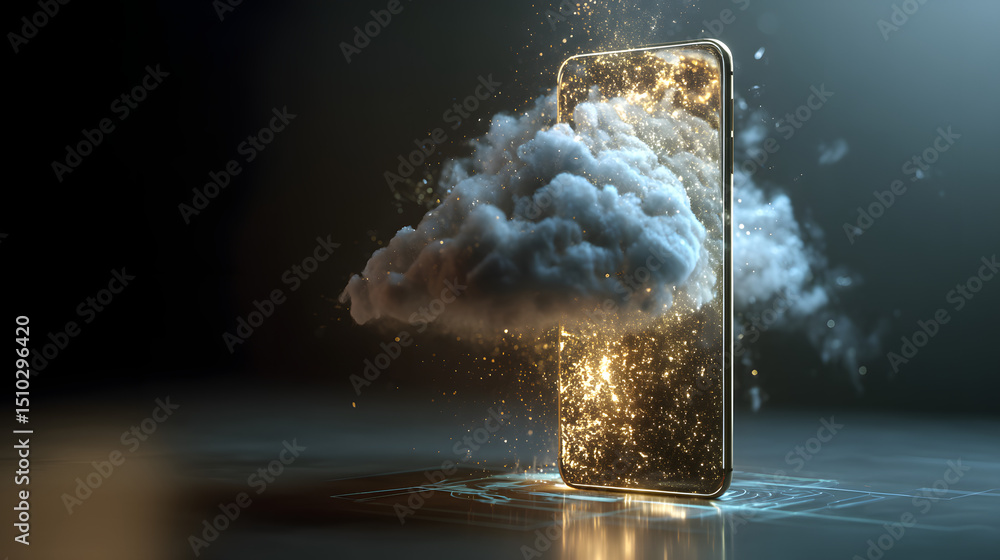 Poster cloud transformation through technology: a symbolic composition showcasing a smartphone transforming