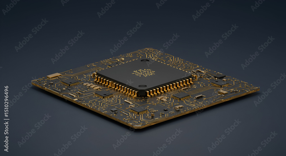 Poster detailed close-up of a circuit board with gold-plated components, ideal for tech advertising or edit