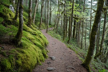 Natural hiking trail in thick forest