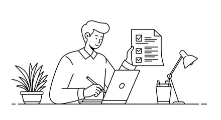 Young Man Working on Laptop with Checklist in Modern Office Setting