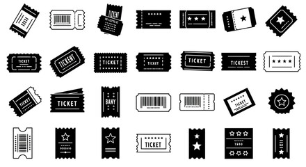 Fototapeta premium Black and White Ticket Icon Set – Cinema, Event, Coupon, and Barcode Symbols Collection