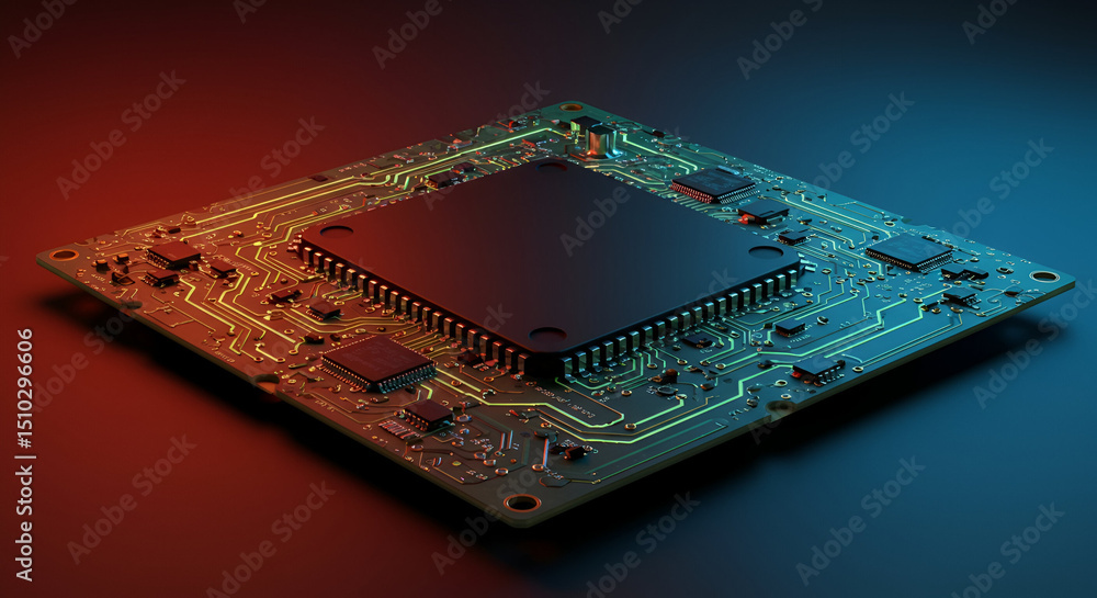 Poster high-resolution image of a circuit board, featuring detailed components and vivid lighting, ideal fo