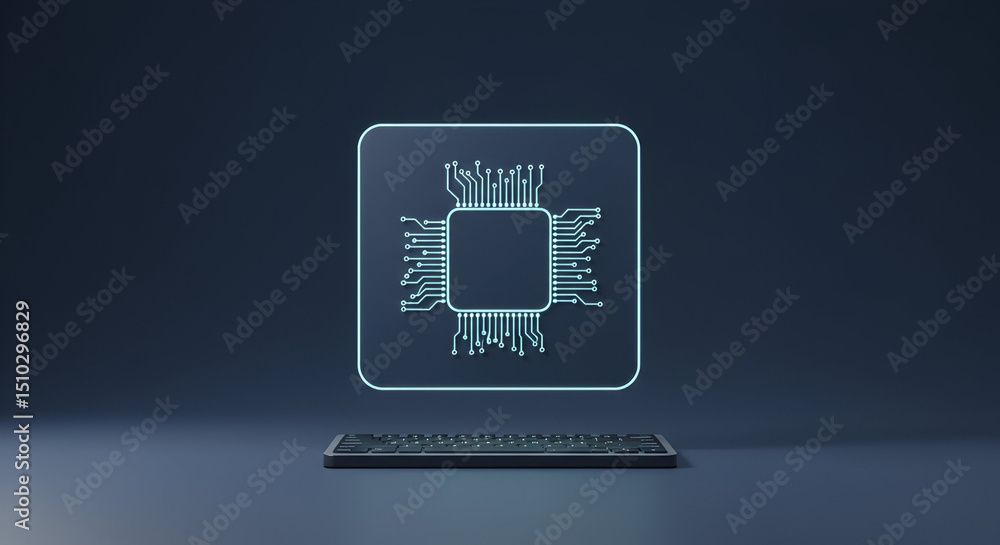 Aufkleber a futuristic graphic of a cpu chip is displayed above a dark gray keyboard.