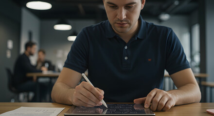 Young Man Using Digital Tablet in Modern Office Workspace