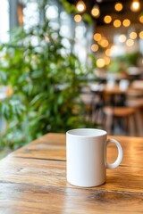 Empty white mug on wooden table in cafe (1)