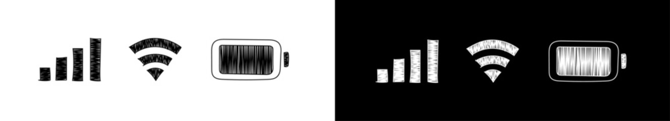 Doodle mobile phone signal, wi-fi and battery icon. Illustration of status bar.