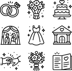 Wedding icons with rings, bouquet, cake, arch, dress, church, hands, book. Ideal for invitations, cards, websites, and decorations