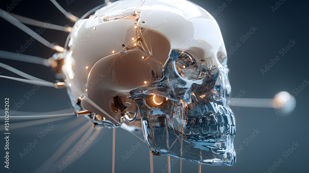 Poster technological skull: a surreal representation of a futuristic skull, with a translucent bone structu
