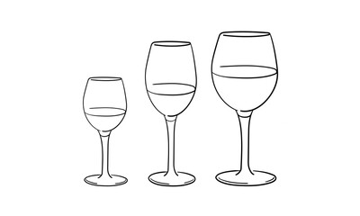 Alcohol with 3 glasses continious line drawing. Whiskey,  wine glasses with drinks. Cheers toast festive decoration for holidays. Vector illustration