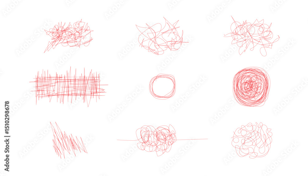 Fototapete vector set of random chaotic lines. red pen scribble clew. hand draw insane tangled scribble clew. h