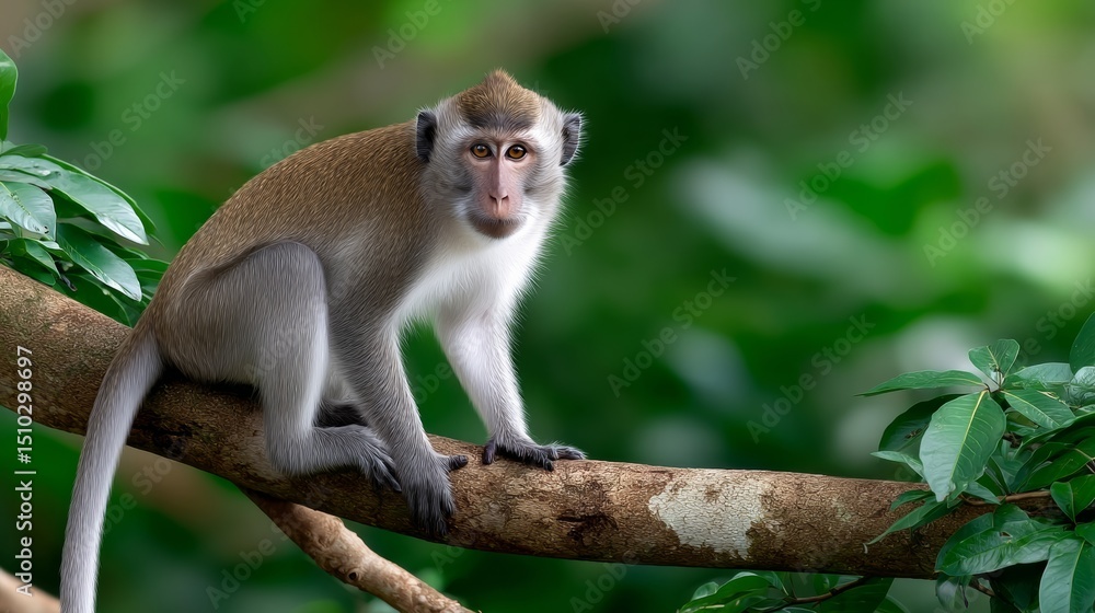 Poster monkey is sitting on a tree branch. the monkey is looking at the camera. the tree is green and lush