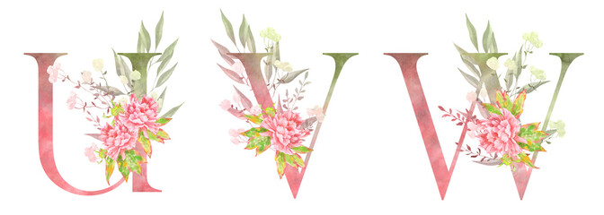 Obraz premium Elegant floral alphabet letters A, B, C, D in soft watercolor style. Featuring pink peonies, greenery and gentle pastel tones. Perfect for wedding design, monograms, and feminine branding.