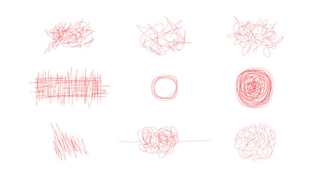 Vector set of random chaotic lines. red pen scribble clew. hand draw insane tangled scribble clew. hand draw rough lines