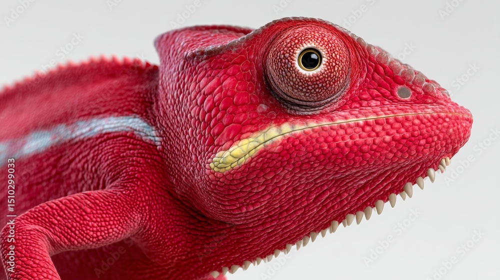 Poster close up of a red lizard with a yellow stripe on its face. the lizard is looking directly at the cam