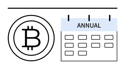 Bitcoin logo beside annual calendar with marked dates representing cryptocurrency, blockchain finance, and time management. Ideal for investment, future planning, fintech, business, taxation, crypto