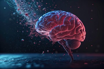 A detailed and glowing illustration of a human brain with particles and a dark and artistic background