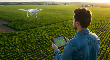 Young Man Flying Drone Over Green Farm Field Using Tablet During Sunset