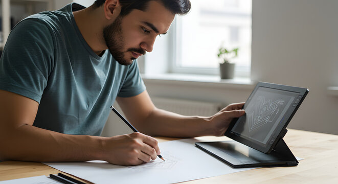 Young Man Using Digital Drawing Tablet Creating Architectural Design in Modern Office