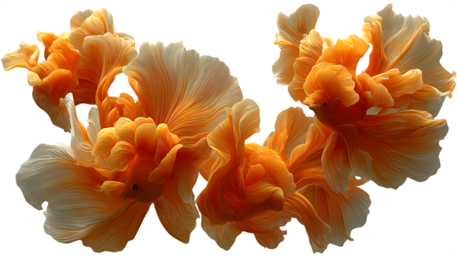 Stunning close up of orange and white goldfish with elegant flowing fins on a black isolated on white transparent background PNG cutout