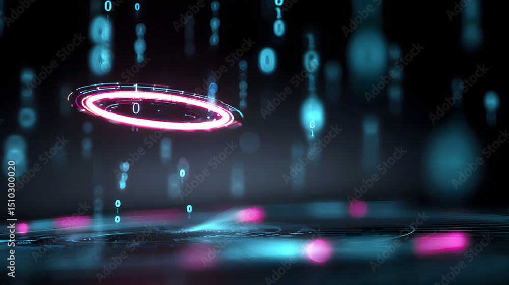 Poster digital halo: a mesmerizing digital halo floats in a virtual realm, its neon glow illuminating the f