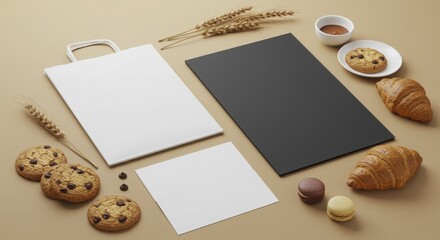 Flatlay Mockup: Bakery Branding with Paper Bag, Card, and Treats