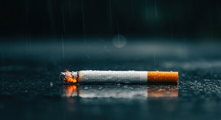 Lit cigarette lying on a wet surface with raindrops falling, creating a somber and dramatic scene.
