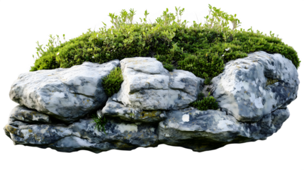 Textured rock formation with green vegetation isolated on black isolated on white transparent background PNG cutout