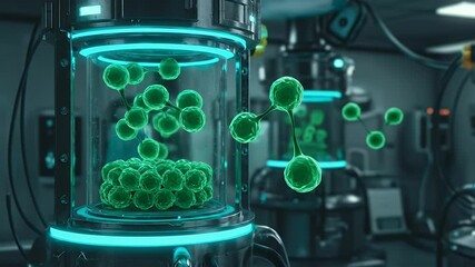 Futuristic Lab: Green Molecules in Glass Container